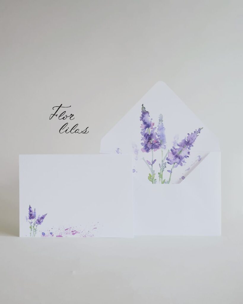 sobre + tarjeta nombre flor lila